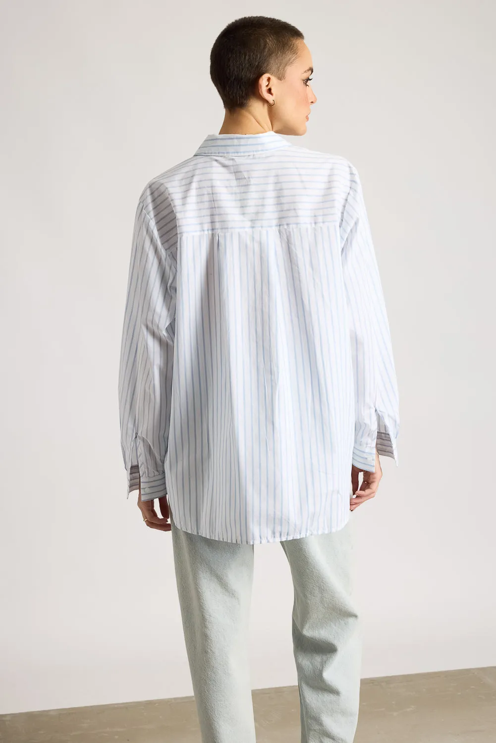 Relaxed Fit Cotton Women's White Shirt With Blue Stripes