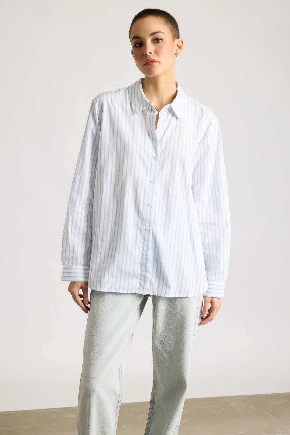 Relaxed Fit Cotton Women's White Shirt With Blue Stripes