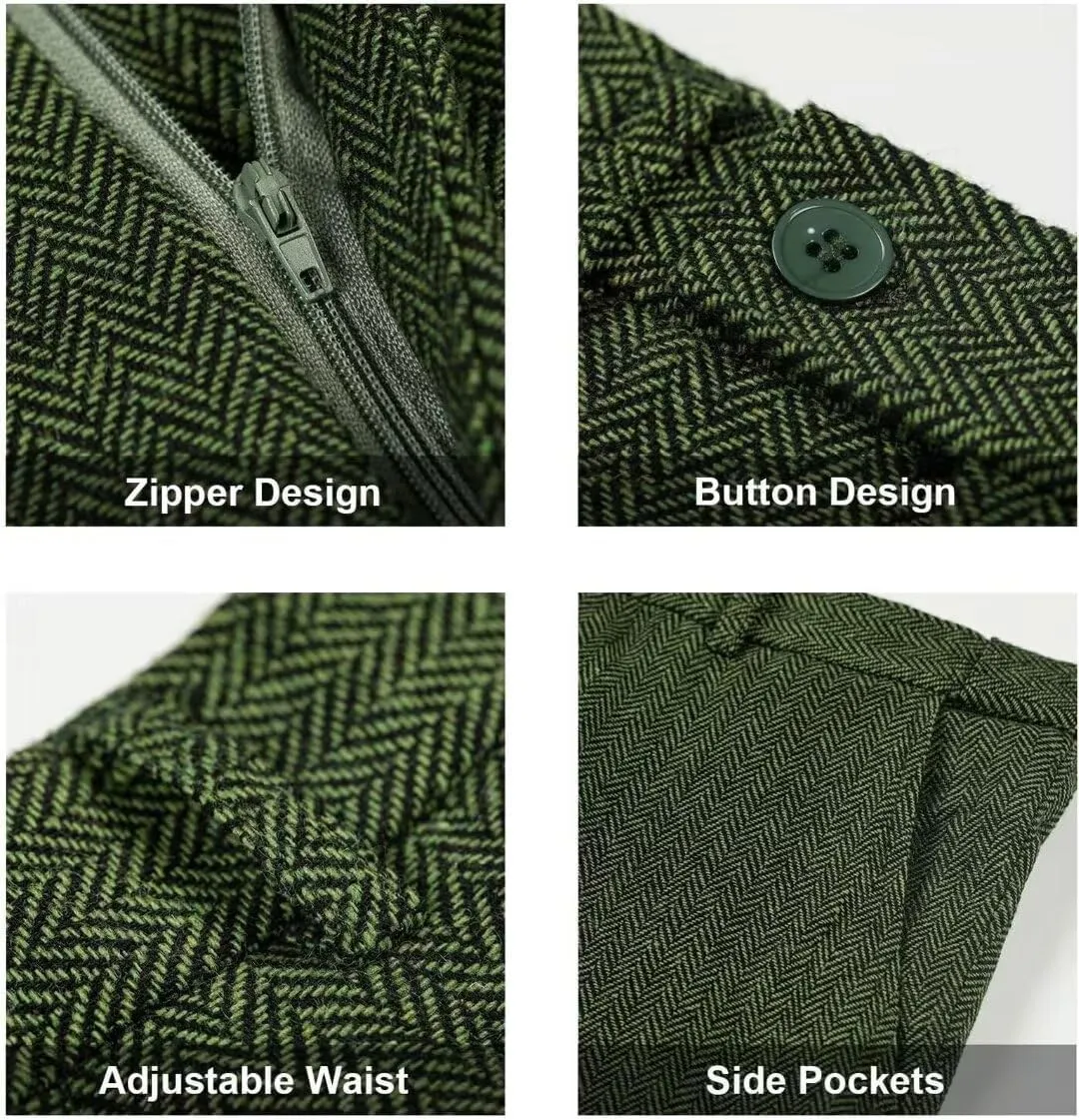 Retro 3 Piece Herringbone Tweed Suit Men's Wool Tuxedos Set Prom Brown Jacket Blazer Vest Pants Themed Wedding