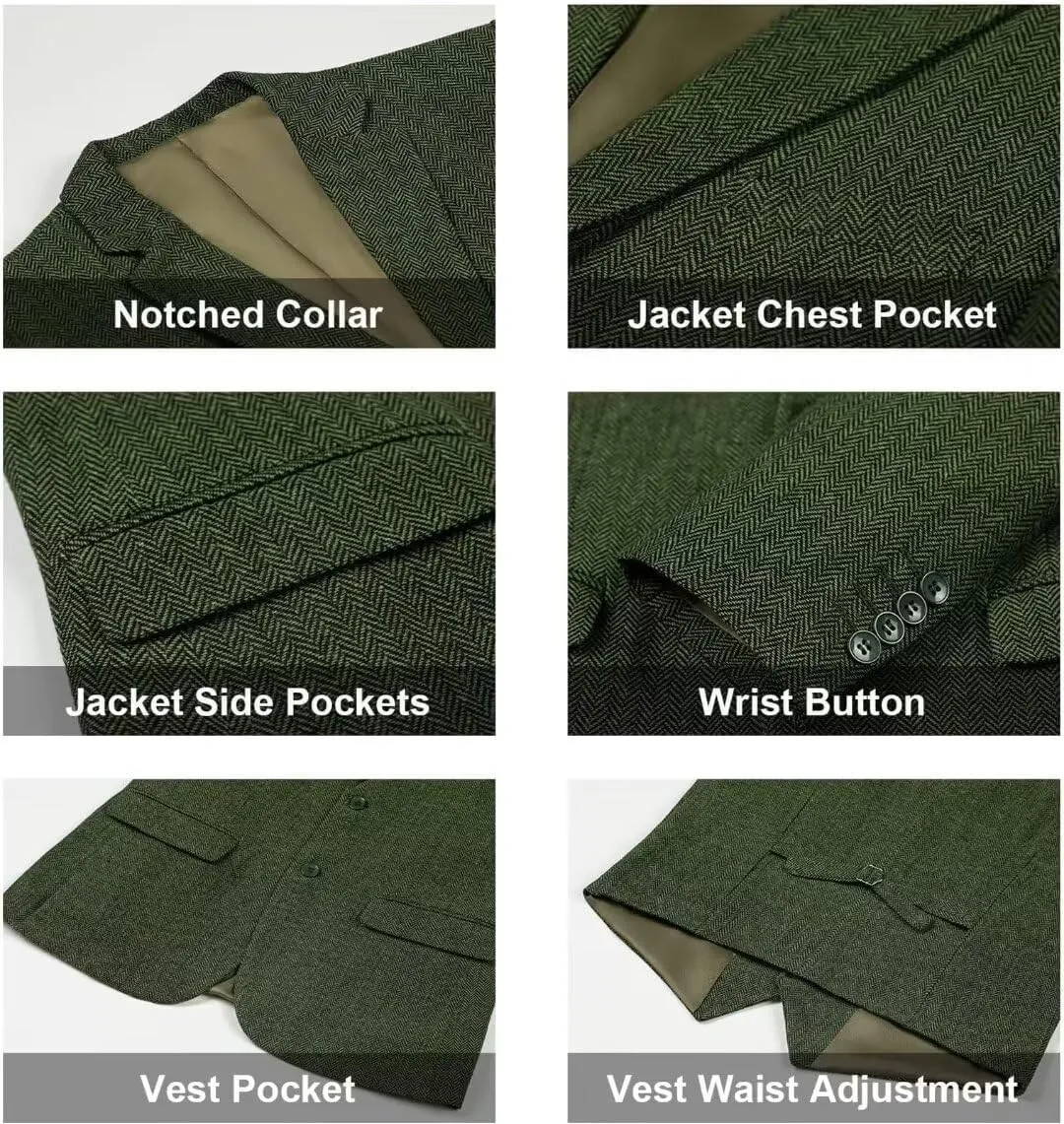 Retro 3 Piece Herringbone Tweed Suit Men's Wool Tuxedos Set Prom Brown Jacket Blazer Vest Pants Themed Wedding