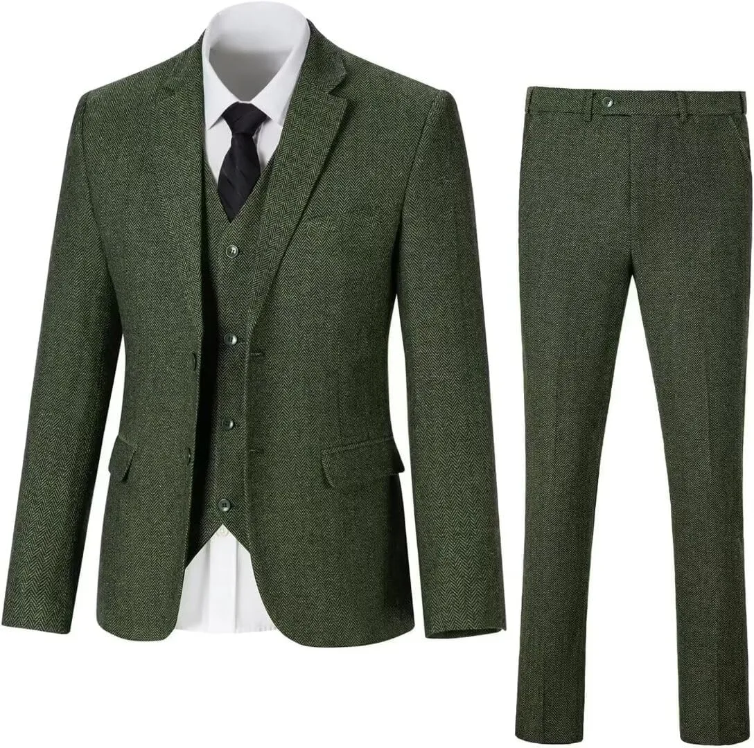 Retro 3 Piece Herringbone Tweed Suit Men's Wool Tuxedos Set Prom Brown Jacket Blazer Vest Pants Themed Wedding