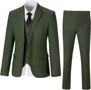 Retro 3 Piece Herringbone Tweed Suit Men's Wool Tuxedos Set Prom Brown Jacket Blazer Vest Pants Themed Wedding