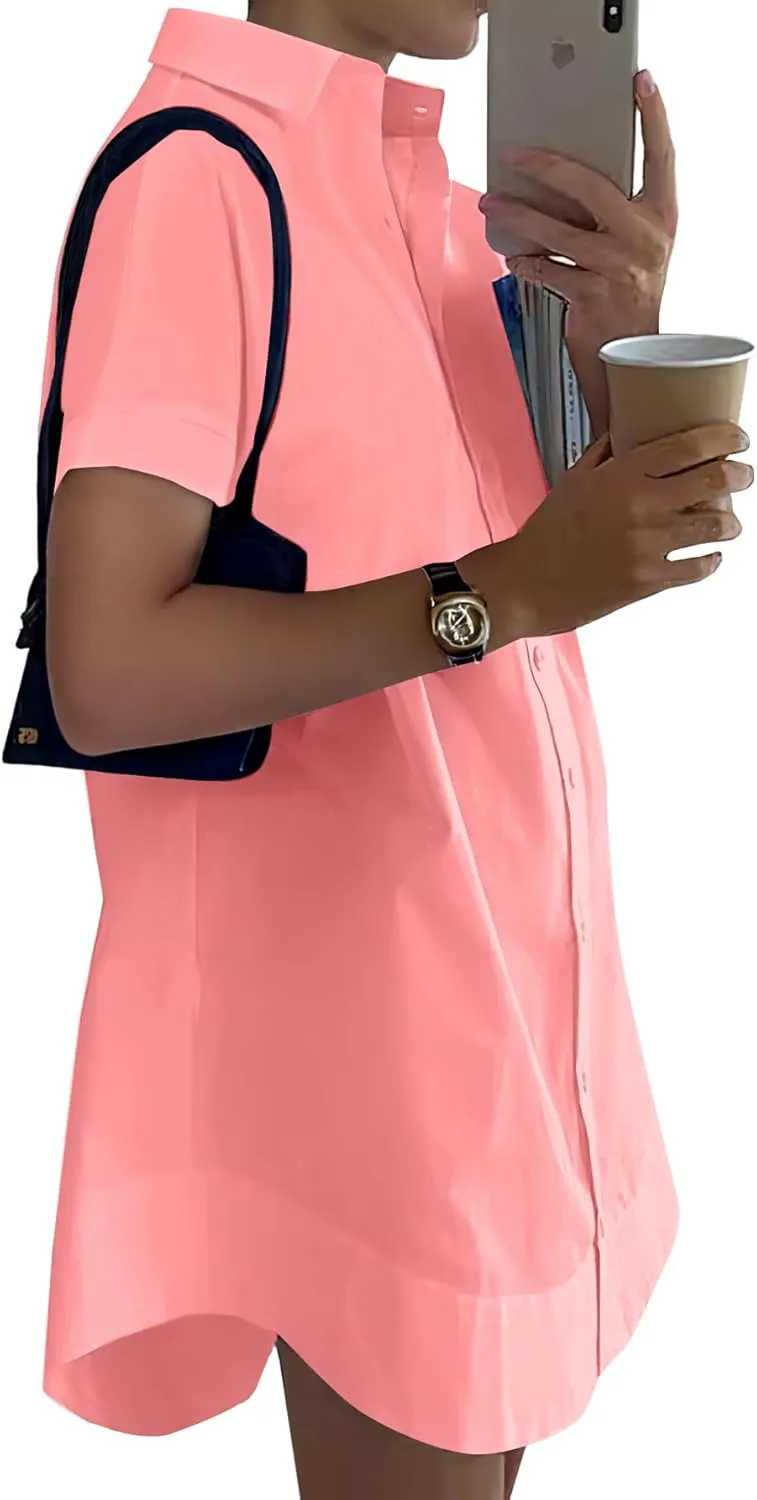 Rooscier Women's Casual Shirt Dress Collar V Neck Button Down Short Sleeve Loose Mini Dresses