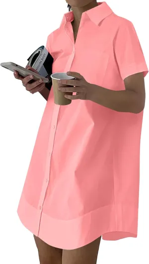 Rooscier Women's Casual Shirt Dress Collar V Neck Button Down Short Sleeve Loose Mini Dresses