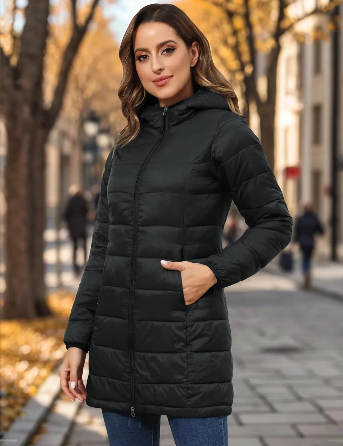 ROYAL MATRIX Women's Packable Puffer Jacket with Hood, Lightweight Long Quilted Puffer Coat with Pockets