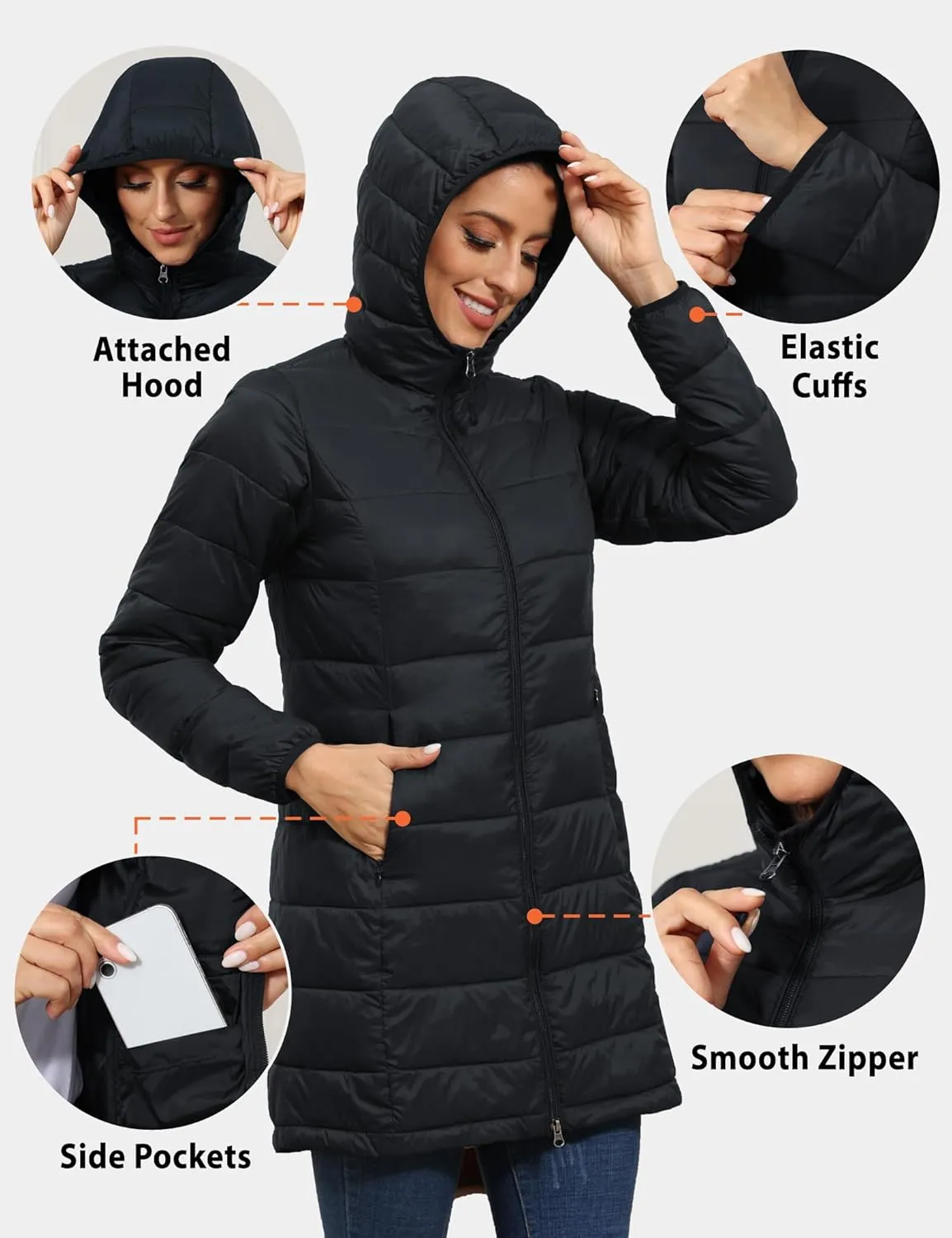 ROYAL MATRIX Women's Packable Puffer Jacket with Hood, Lightweight Long Quilted Puffer Coat with Pockets
