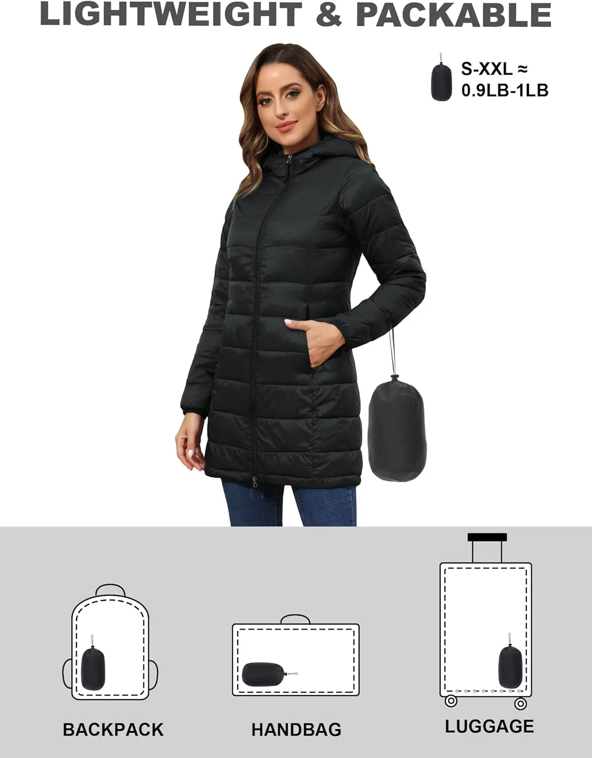 ROYAL MATRIX Women's Packable Puffer Jacket with Hood, Lightweight Long Quilted Puffer Coat with Pockets
