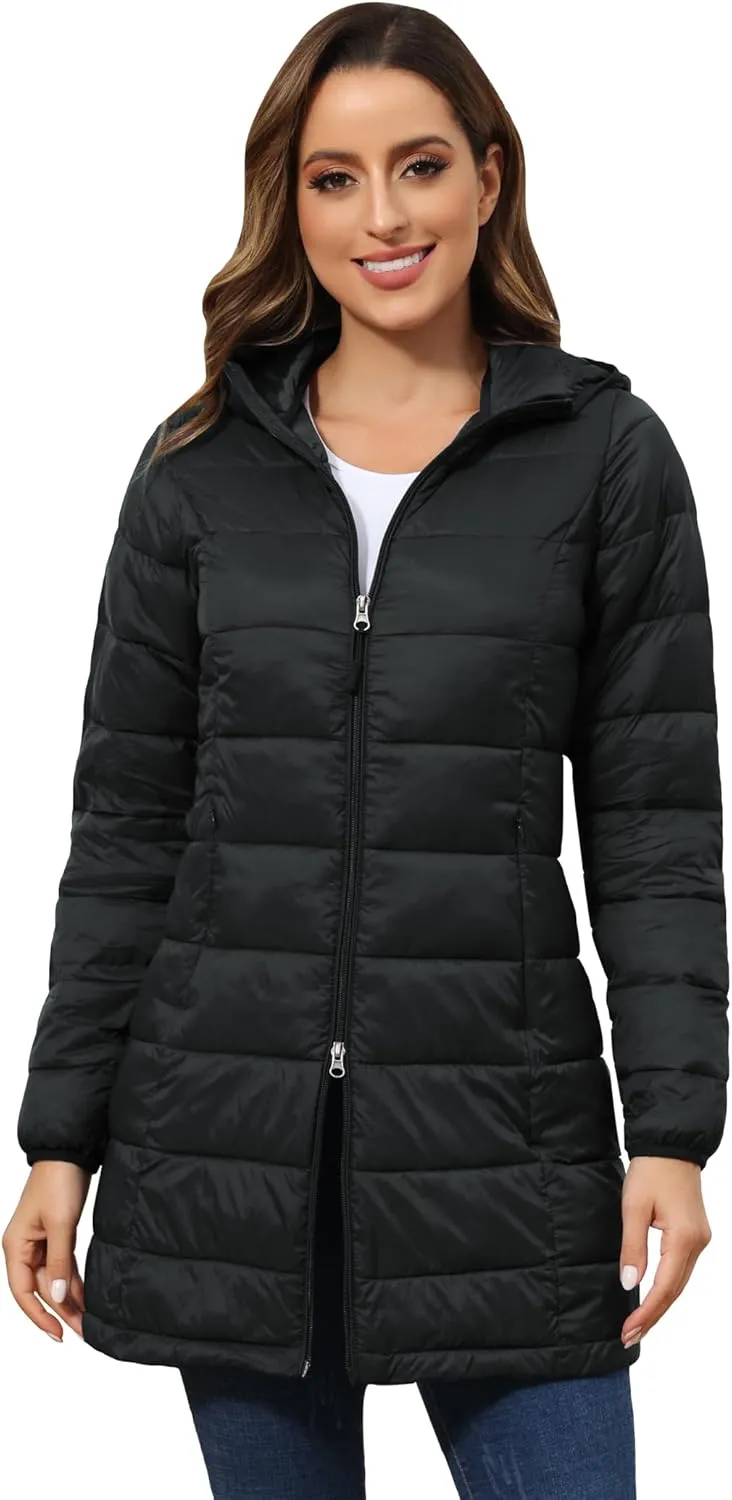 ROYAL MATRIX Women's Packable Puffer Jacket with Hood, Lightweight Long Quilted Puffer Coat with Pockets