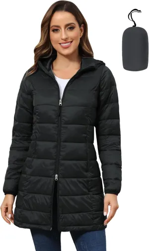 ROYAL MATRIX Women's Packable Puffer Jacket with Hood, Lightweight Long Quilted Puffer Coat with Pockets