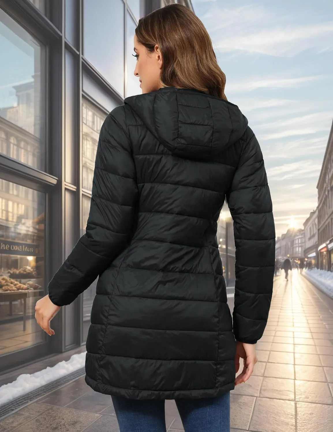 ROYAL MATRIX Women's Packable Puffer Jacket with Hood, Lightweight Long Quilted Puffer Coat with Pockets