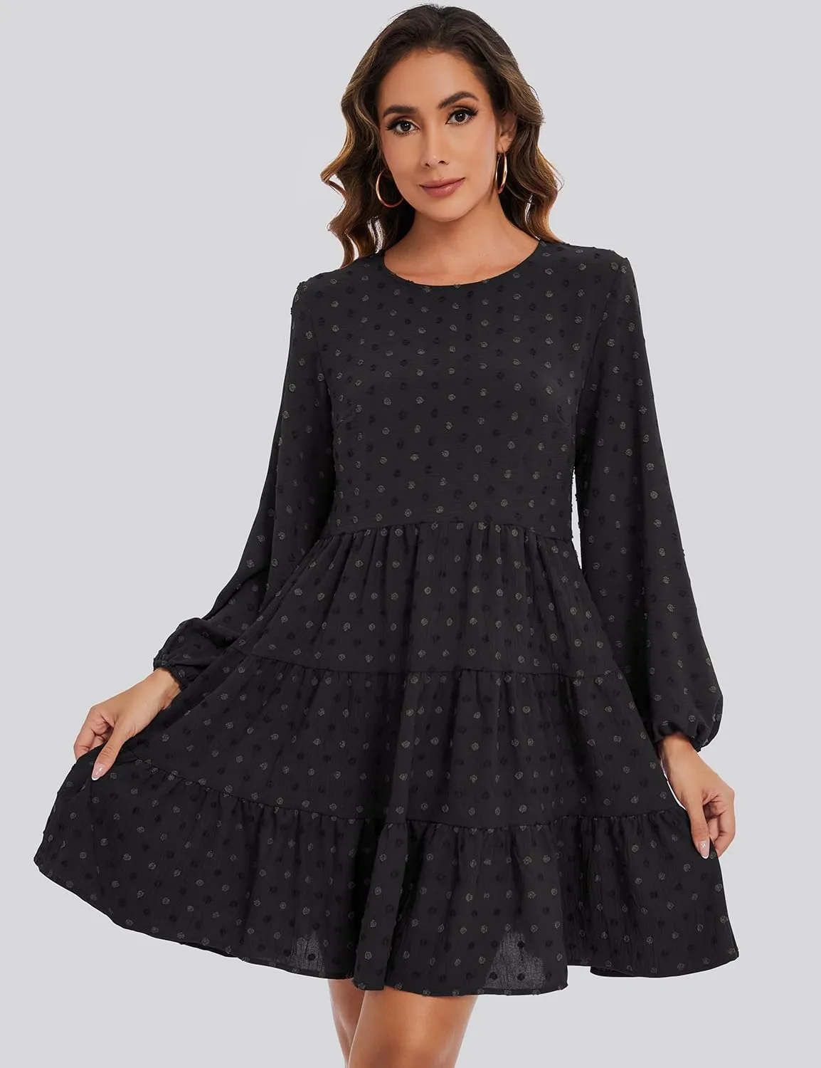 ROYLAMP Women's Swiss Dots Dress Long Sleeve Crew Neck Tiered Casual Spring Boho Flowy Tunic Shift Mini Dresses