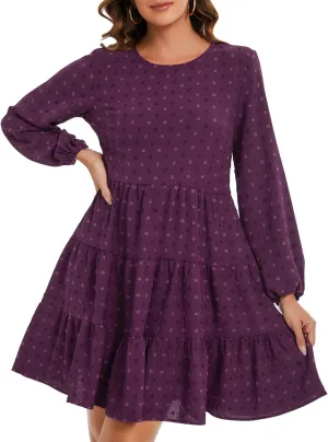 ROYLAMP Women's Swiss Dots Dress Long Sleeve Crew Neck Tiered Casual Spring Boho Flowy Tunic Shift Mini Dresses