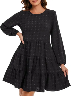 ROYLAMP Women's Swiss Dots Dress Long Sleeve Crew Neck Tiered Casual Spring Boho Flowy Tunic Shift Mini Dresses