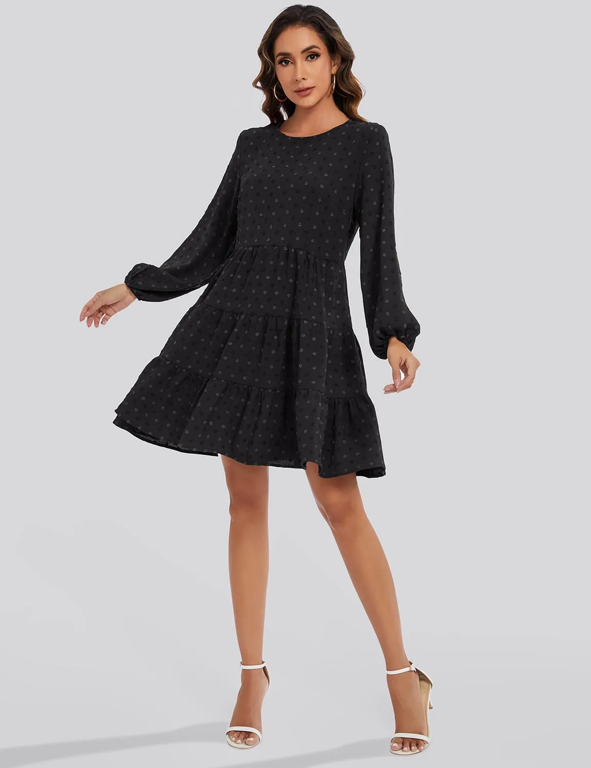 ROYLAMP Women's Swiss Dots Dress Long Sleeve Crew Neck Tiered Casual Spring Boho Flowy Tunic Shift Mini Dresses