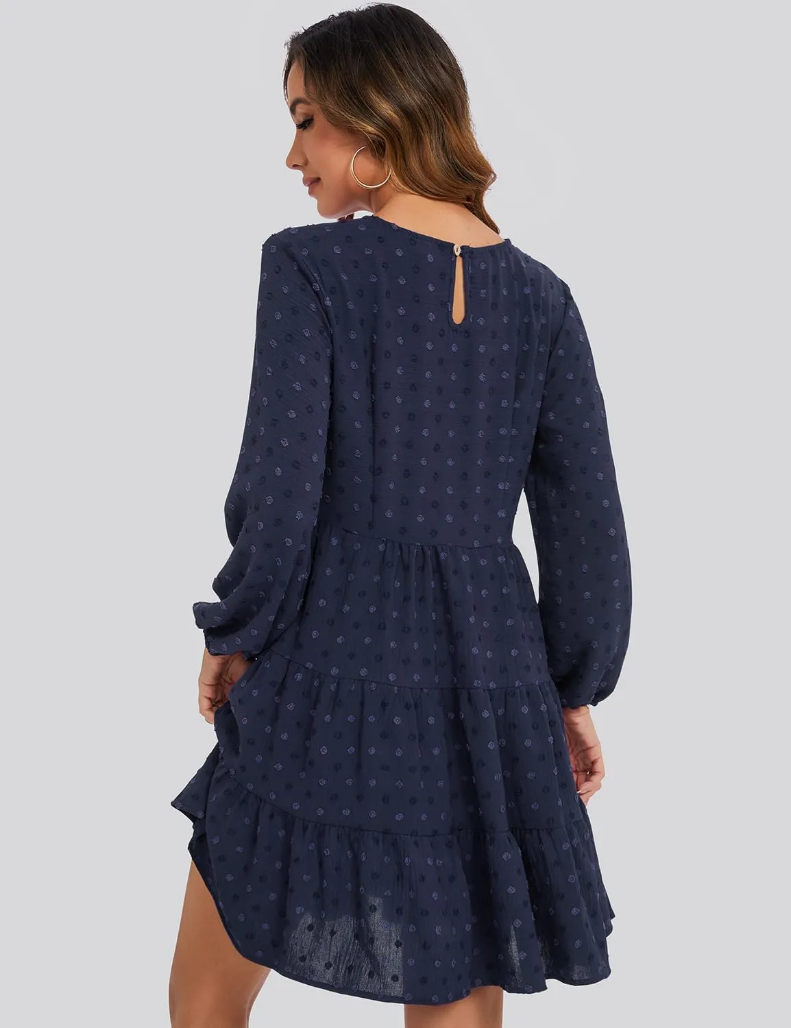 ROYLAMP Women's Swiss Dots Dress Long Sleeve Crew Neck Tiered Casual Spring Boho Flowy Tunic Shift Mini Dresses