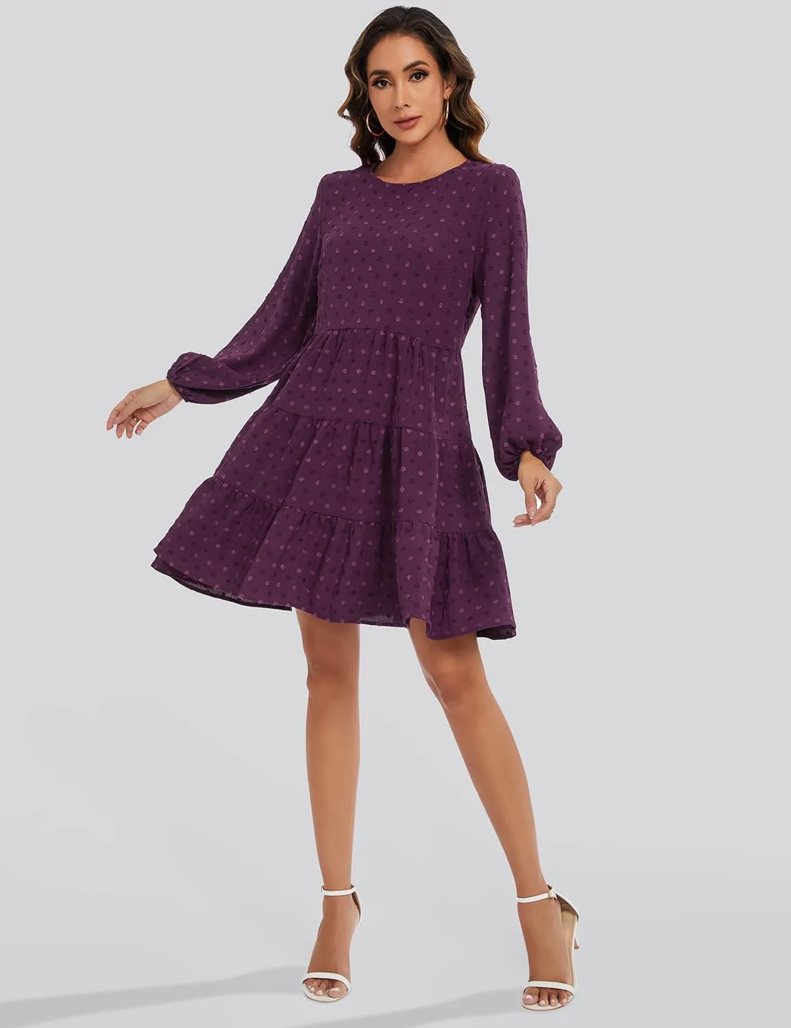 ROYLAMP Women's Swiss Dots Dress Long Sleeve Crew Neck Tiered Casual Spring Boho Flowy Tunic Shift Mini Dresses