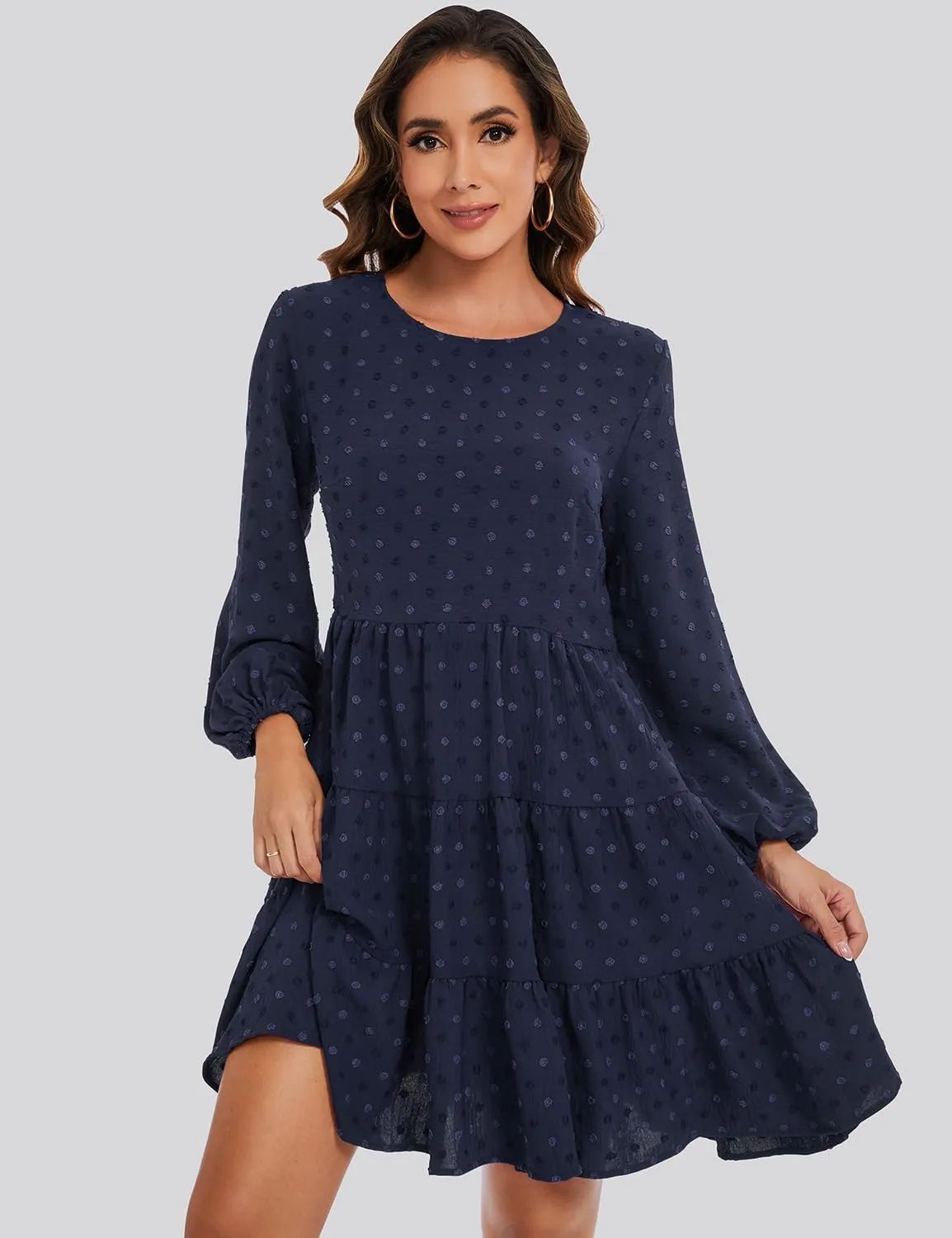 ROYLAMP Women's Swiss Dots Dress Long Sleeve Crew Neck Tiered Casual Spring Boho Flowy Tunic Shift Mini Dresses