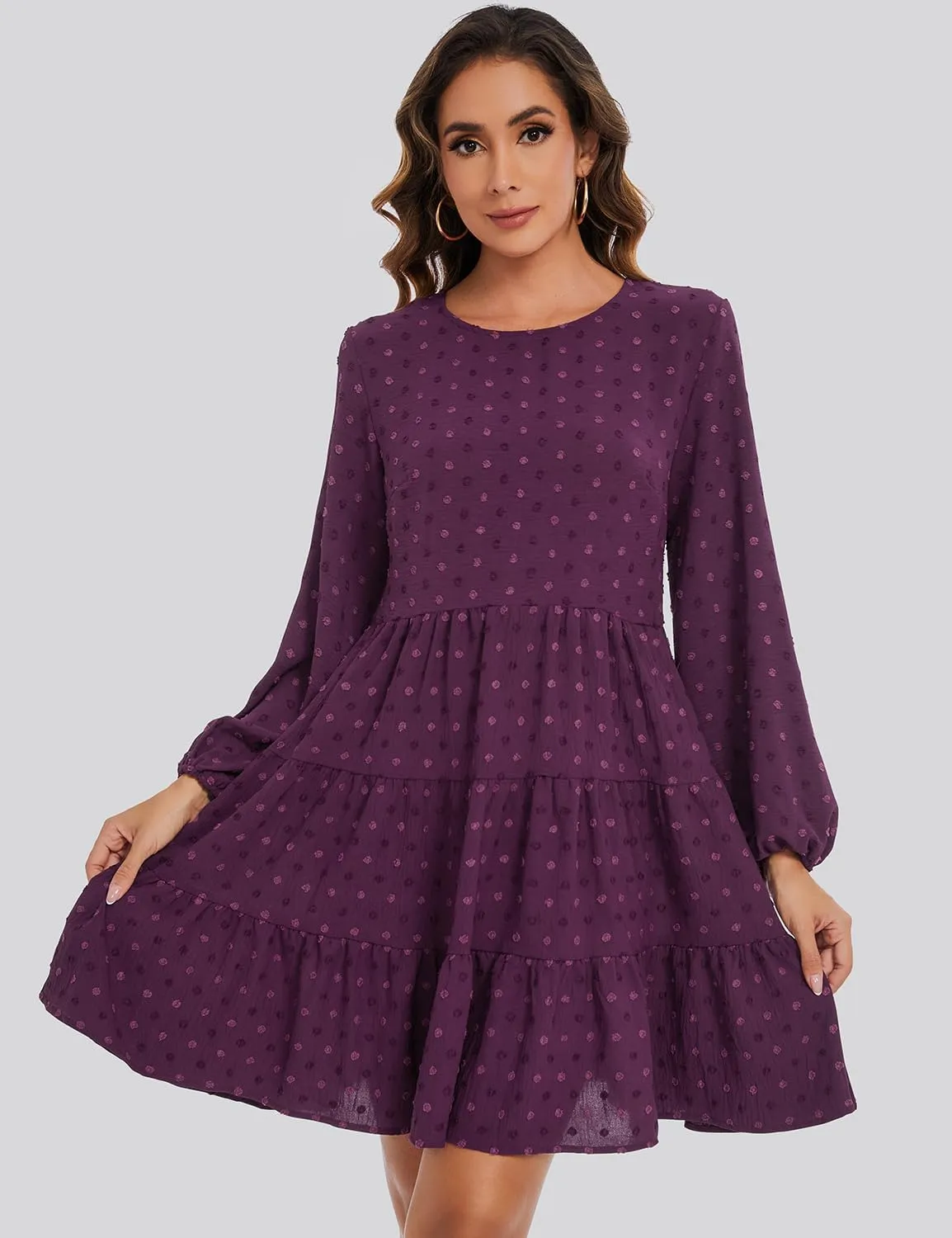 ROYLAMP Women's Swiss Dots Dress Long Sleeve Crew Neck Tiered Casual Spring Boho Flowy Tunic Shift Mini Dresses
