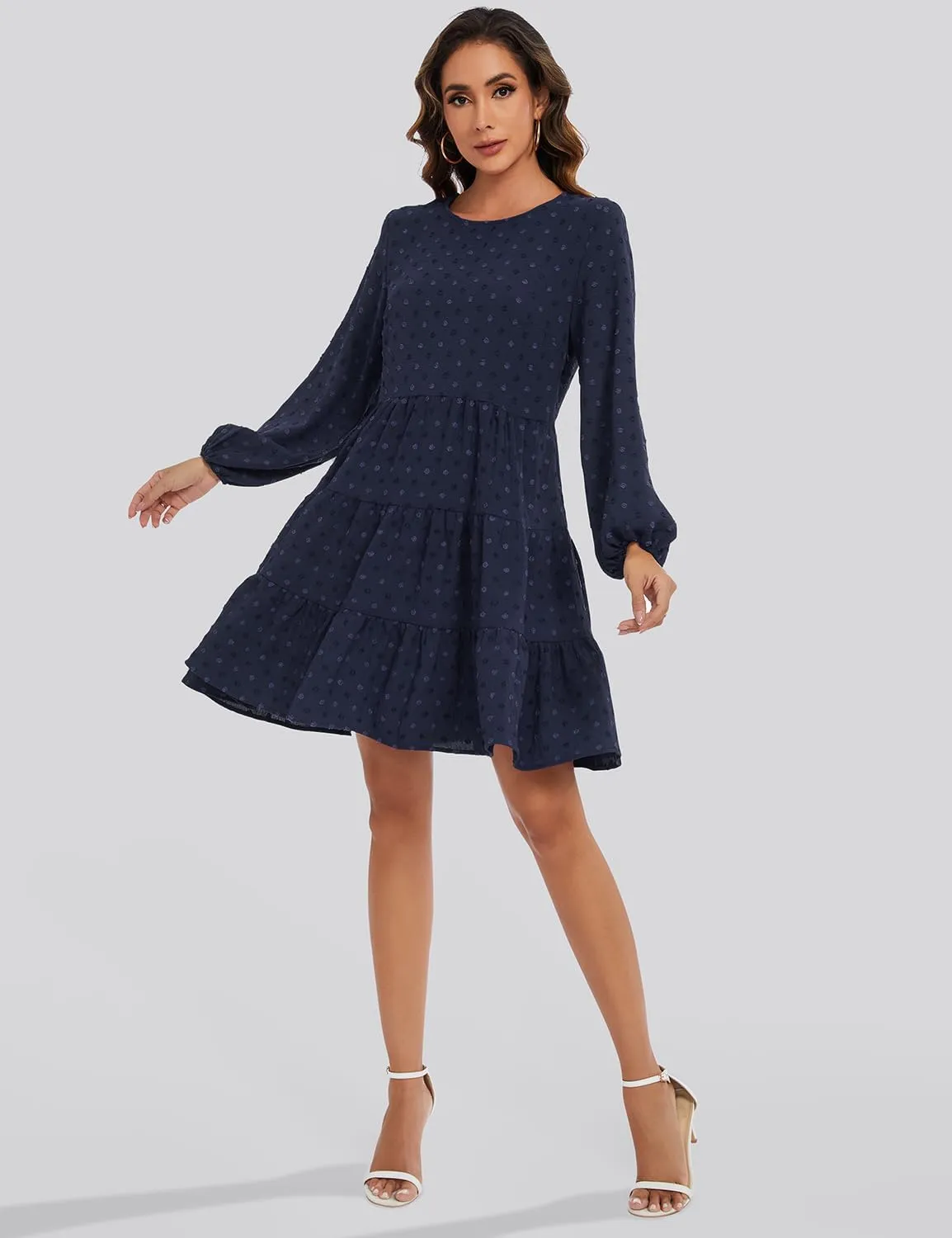 ROYLAMP Women's Swiss Dots Dress Long Sleeve Crew Neck Tiered Casual Spring Boho Flowy Tunic Shift Mini Dresses