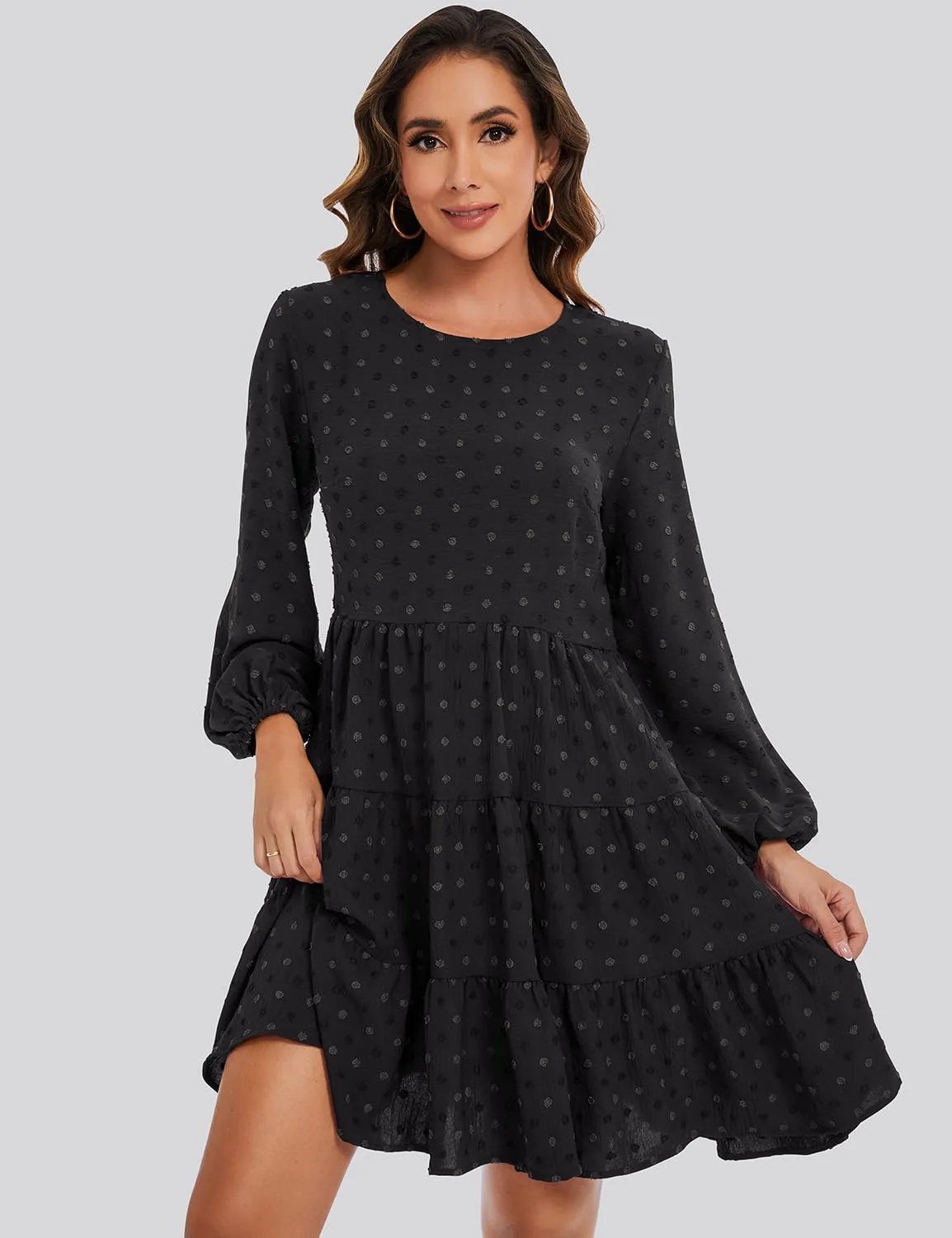 ROYLAMP Women's Swiss Dots Dress Long Sleeve Crew Neck Tiered Casual Spring Boho Flowy Tunic Shift Mini Dresses