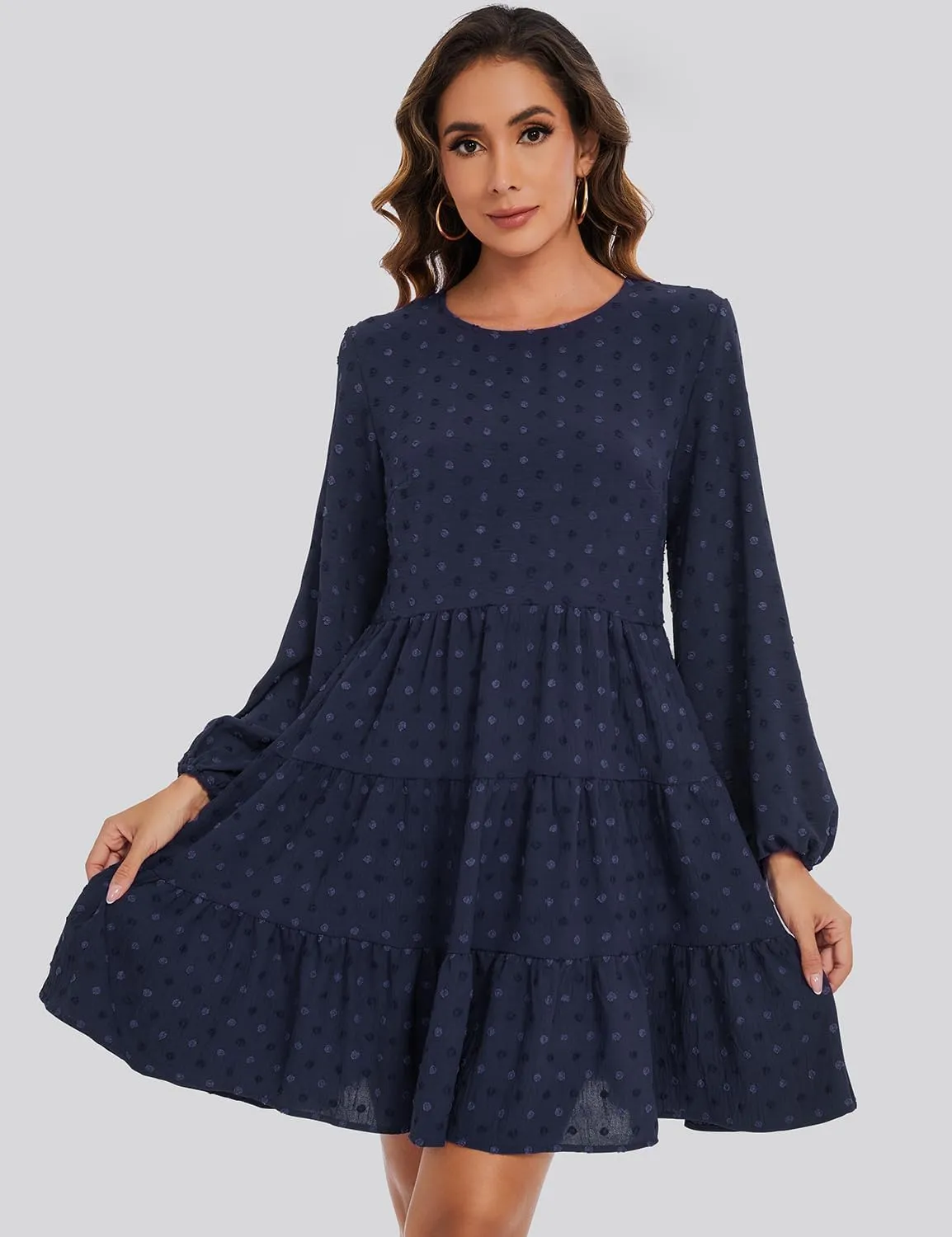 ROYLAMP Women's Swiss Dots Dress Long Sleeve Crew Neck Tiered Casual Spring Boho Flowy Tunic Shift Mini Dresses