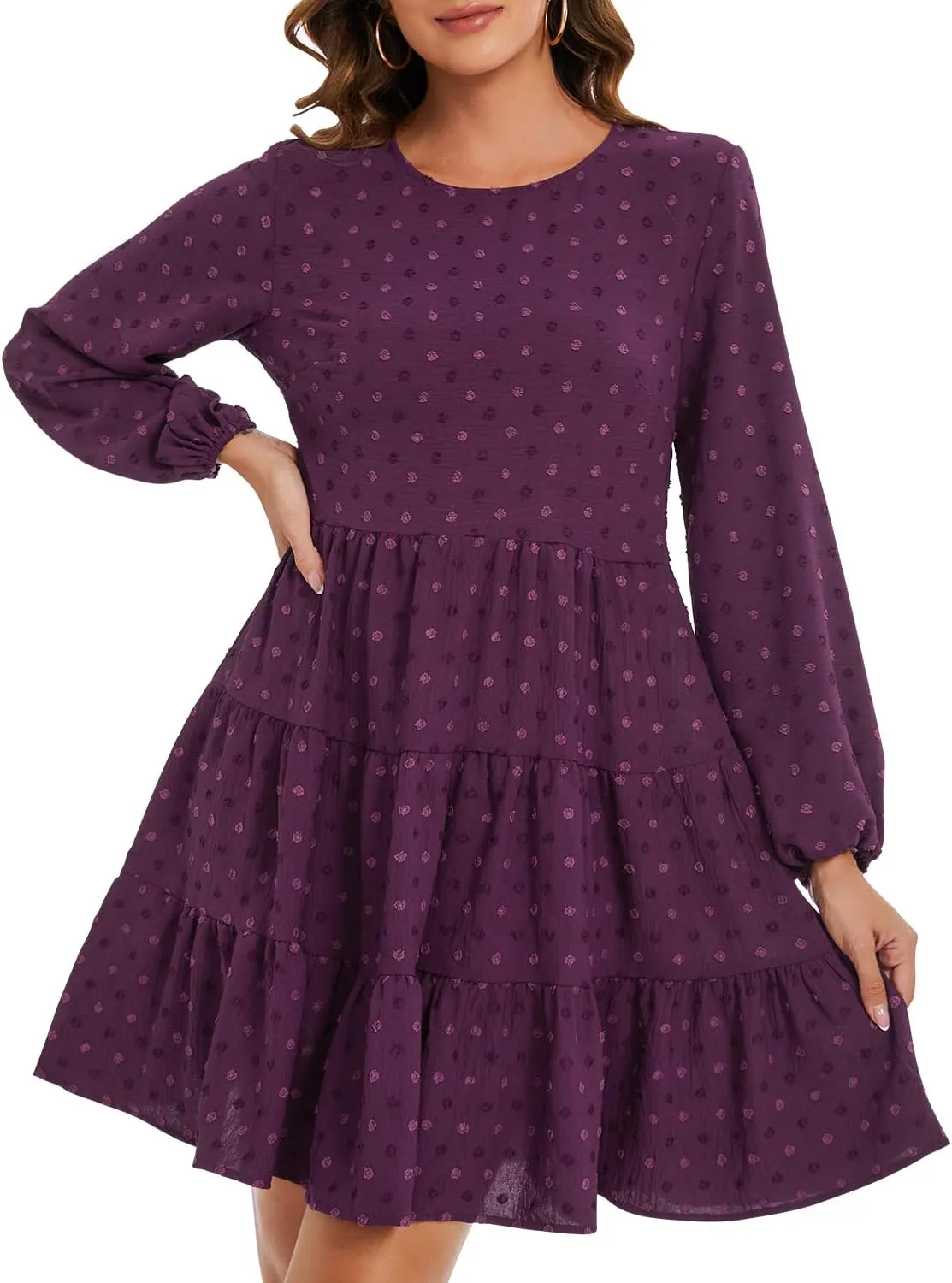 ROYLAMP Women's Swiss Dots Dress Long Sleeve Crew Neck Tiered Casual Spring Boho Flowy Tunic Shift Mini Dresses
