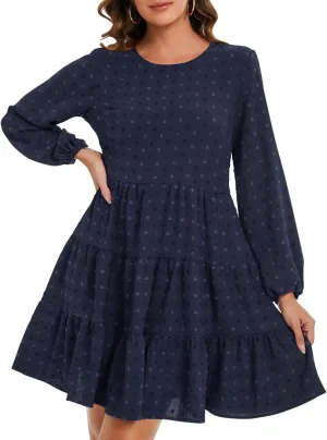 ROYLAMP Women's Swiss Dots Dress Long Sleeve Crew Neck Tiered Casual Spring Boho Flowy Tunic Shift Mini Dresses