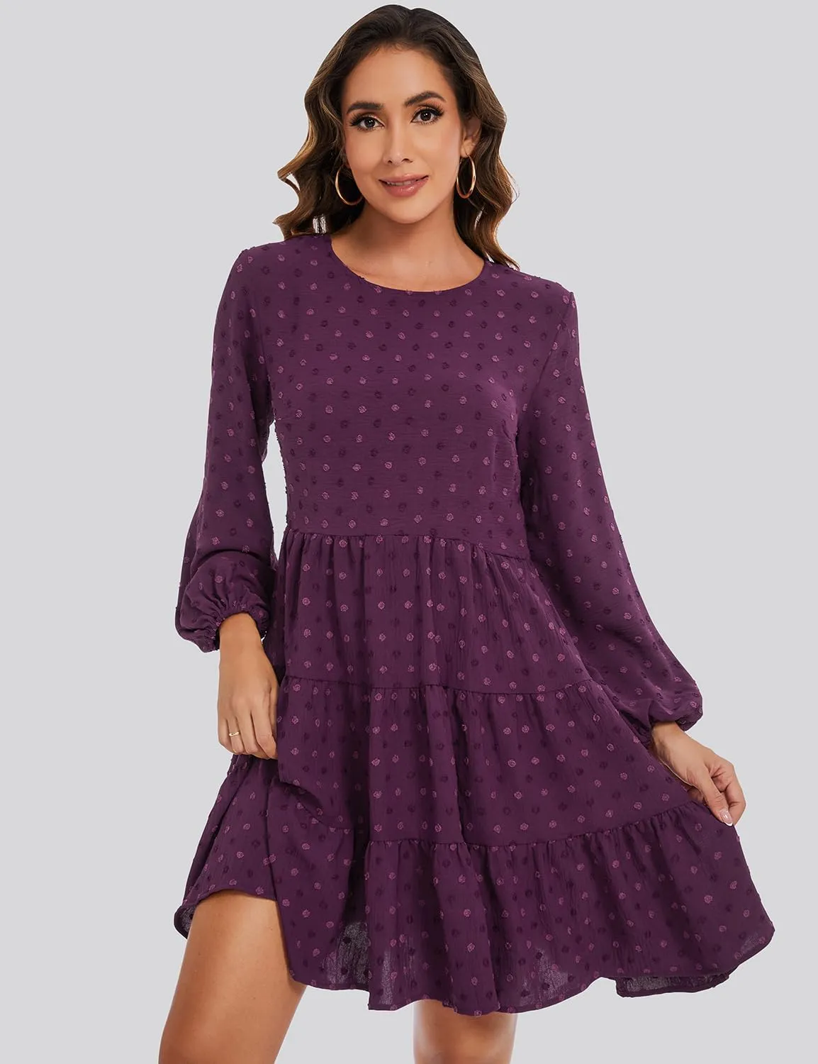ROYLAMP Women's Swiss Dots Dress Long Sleeve Crew Neck Tiered Casual Spring Boho Flowy Tunic Shift Mini Dresses