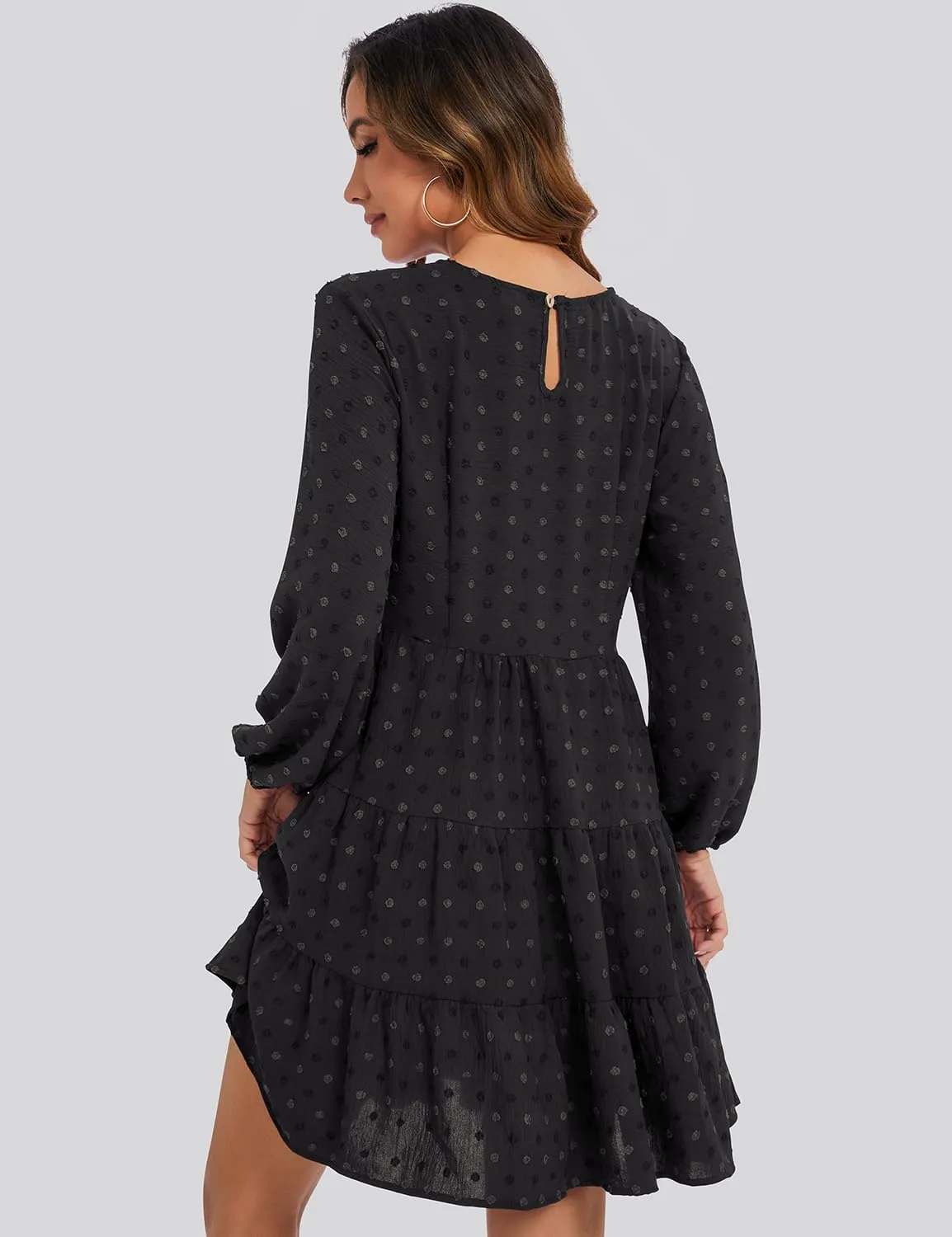 ROYLAMP Women's Swiss Dots Dress Long Sleeve Crew Neck Tiered Casual Spring Boho Flowy Tunic Shift Mini Dresses