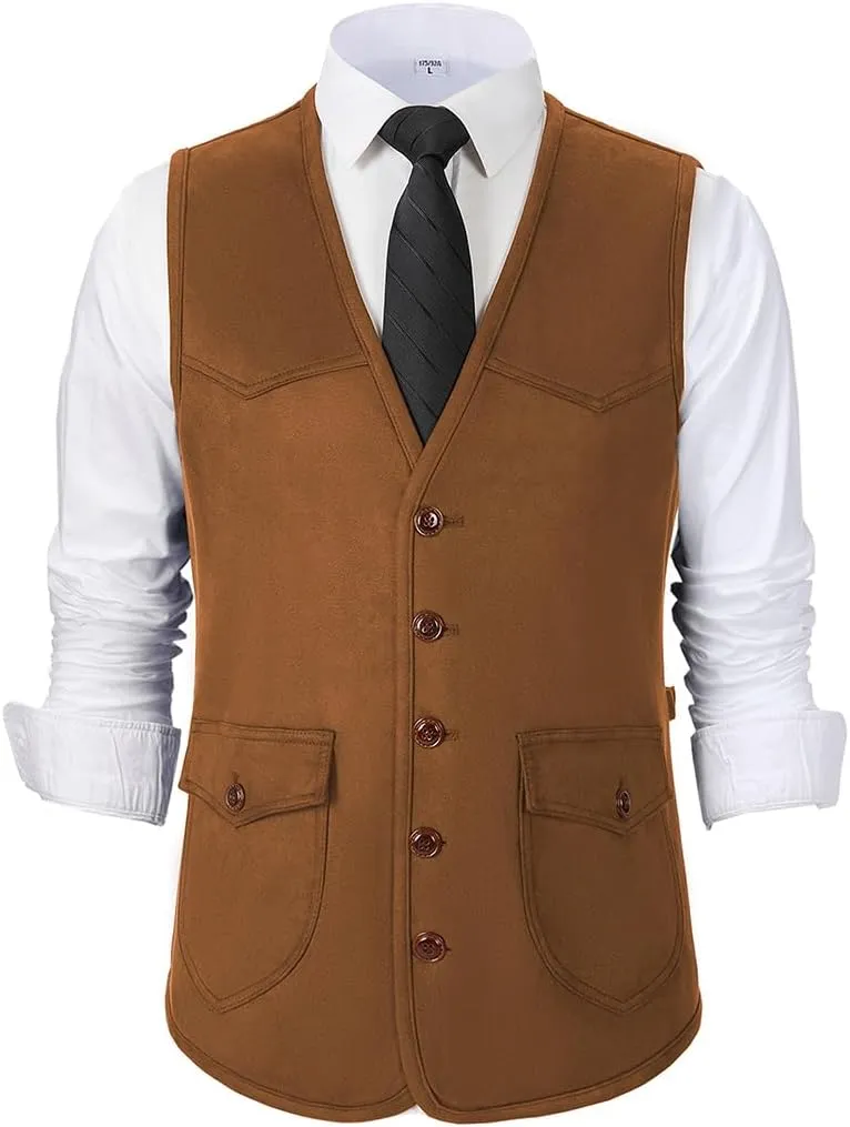 SevenBoy Men's Suede Leather Suit Vest Vintage Western Cowboy Waistcoat Regular Fit
