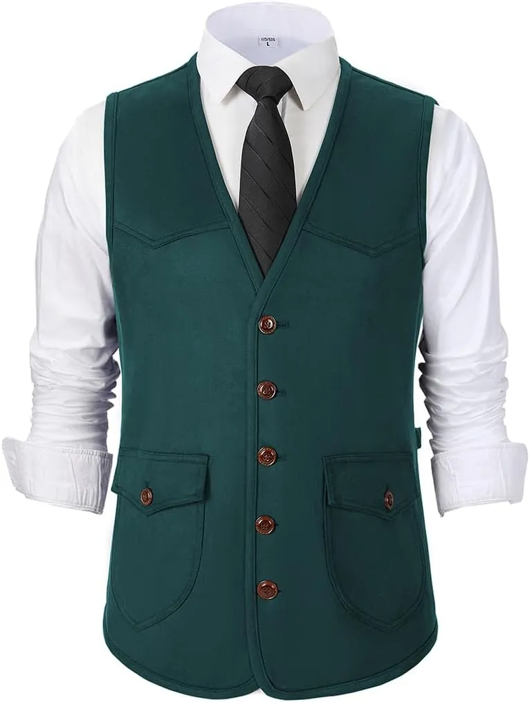 SevenBoy Men's Suede Leather Suit Vest Vintage Western Cowboy Waistcoat Regular Fit