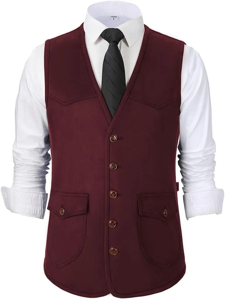 SevenBoy Men's Suede Leather Suit Vest Vintage Western Cowboy Waistcoat Regular Fit