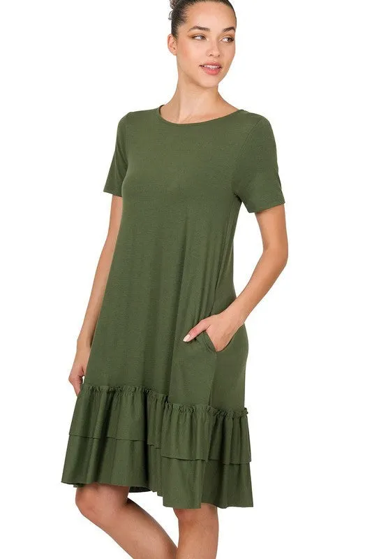 Short Sleeve Round Neck Ruffle Hem Dress