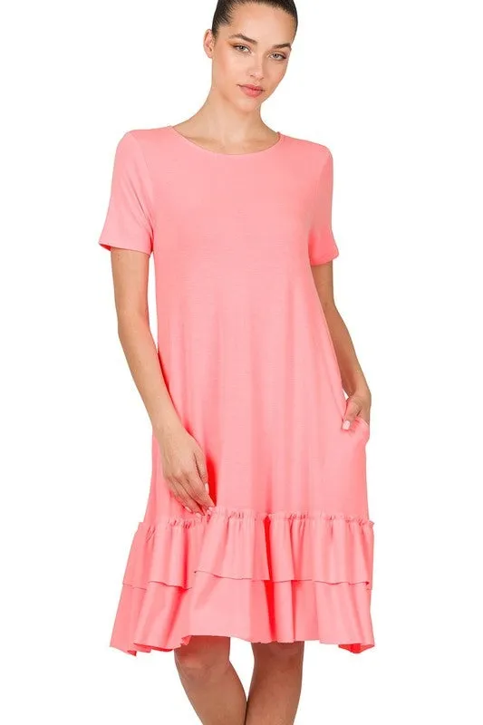 Short Sleeve Round Neck Ruffle Hem Dress