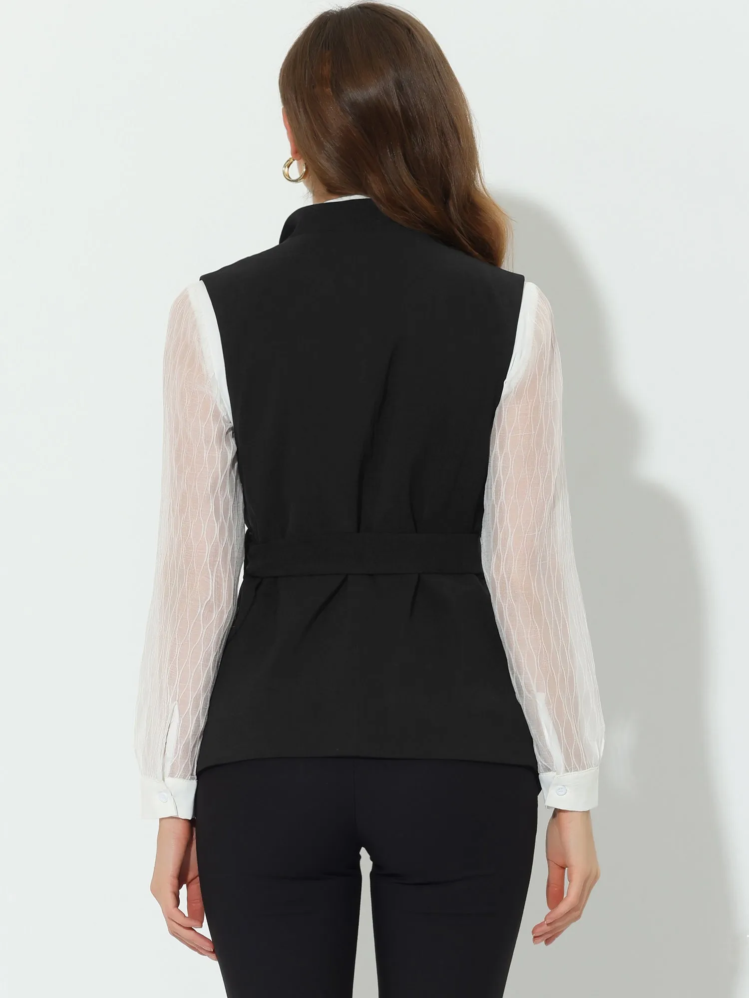Sleeveless Casual Shawl Collar Belted Work Office Suit Jacket Vest