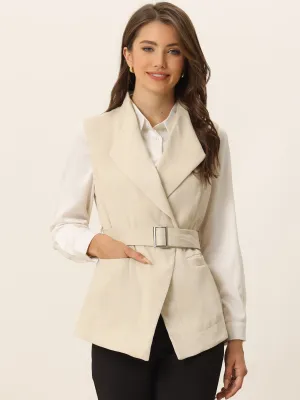 Sleeveless Casual Shawl Collar Belted Work Office Suit Jacket Vest