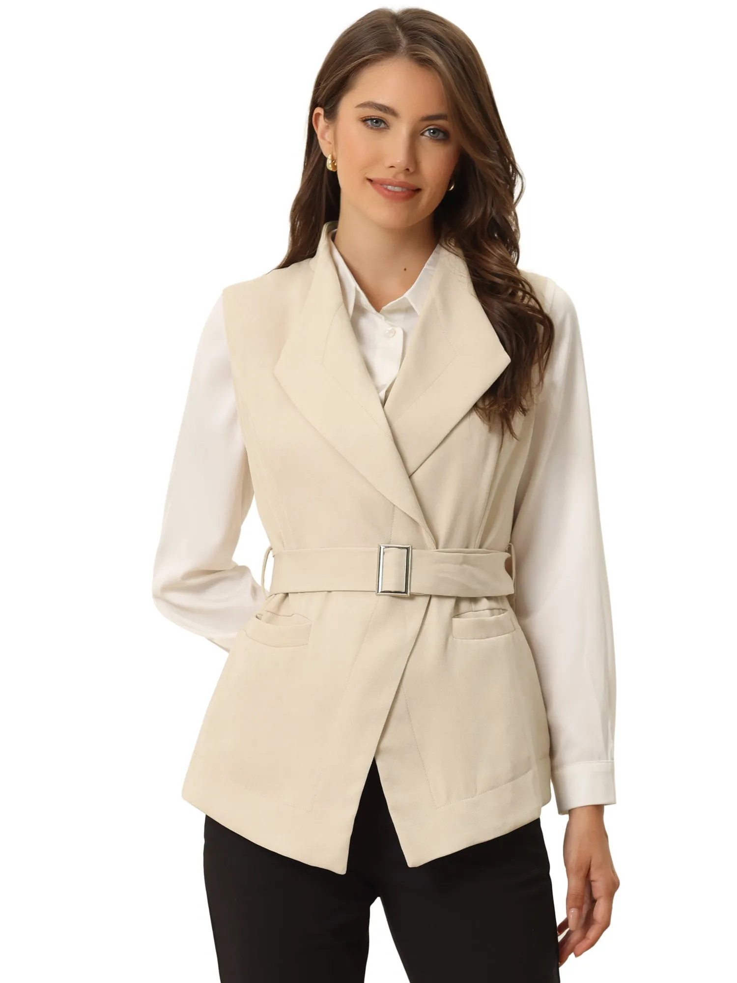 Sleeveless Casual Shawl Collar Belted Work Office Suit Jacket Vest