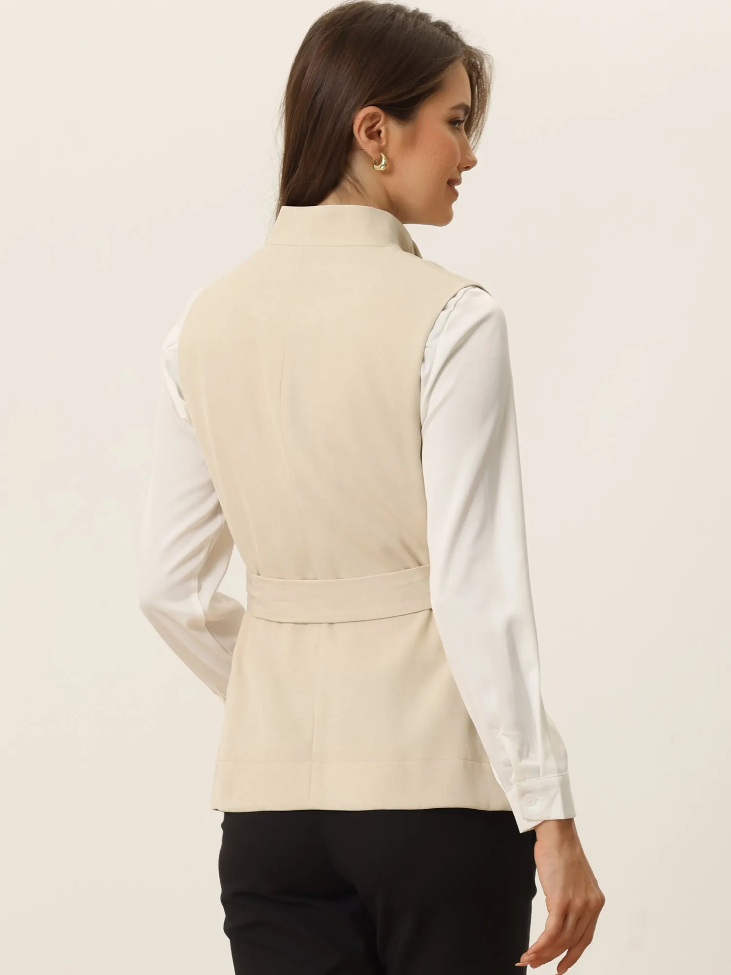 Sleeveless Casual Shawl Collar Belted Work Office Suit Jacket Vest