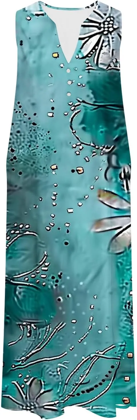 Sleeveless Dress for Women Summer Casual Aline Flowy Maxi Long Dress Floral Print Loose V Neck Beach Vacation Outfits