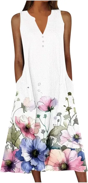 Sleeveless Dress for Women Summer Casual Aline Flowy Maxi Long Dress Floral Print Loose V Neck Beach Vacation Outfits