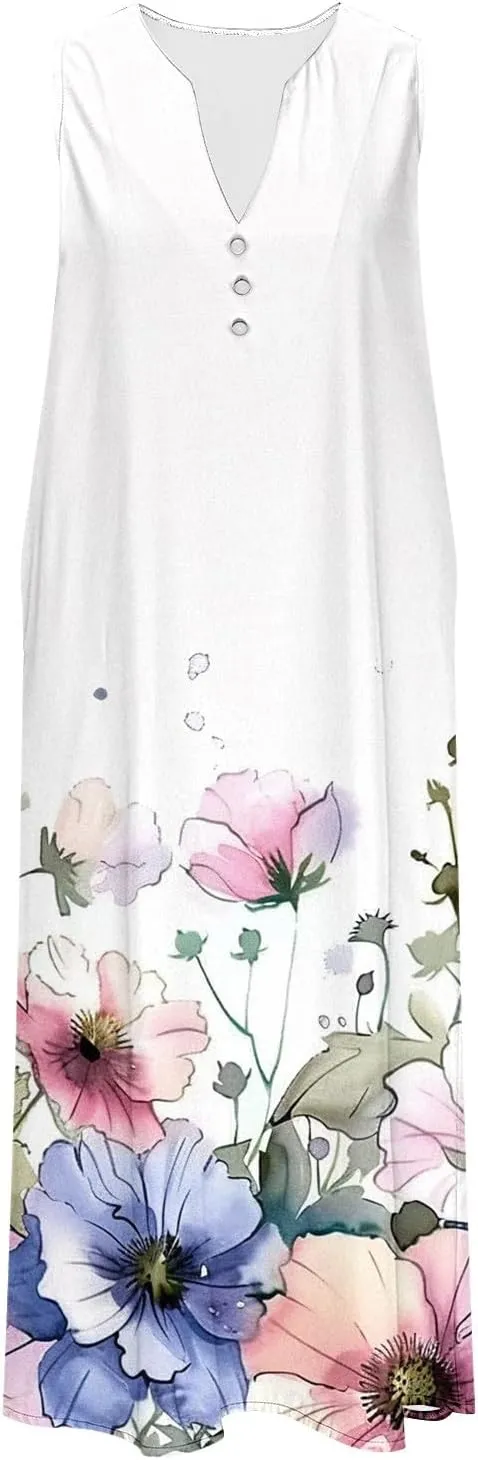 Sleeveless Dress for Women Summer Casual Aline Flowy Maxi Long Dress Floral Print Loose V Neck Beach Vacation Outfits