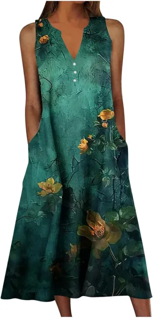 Sleeveless Dress for Women Summer Casual Aline Flowy Maxi Long Dress Floral Print Loose V Neck Beach Vacation Outfits