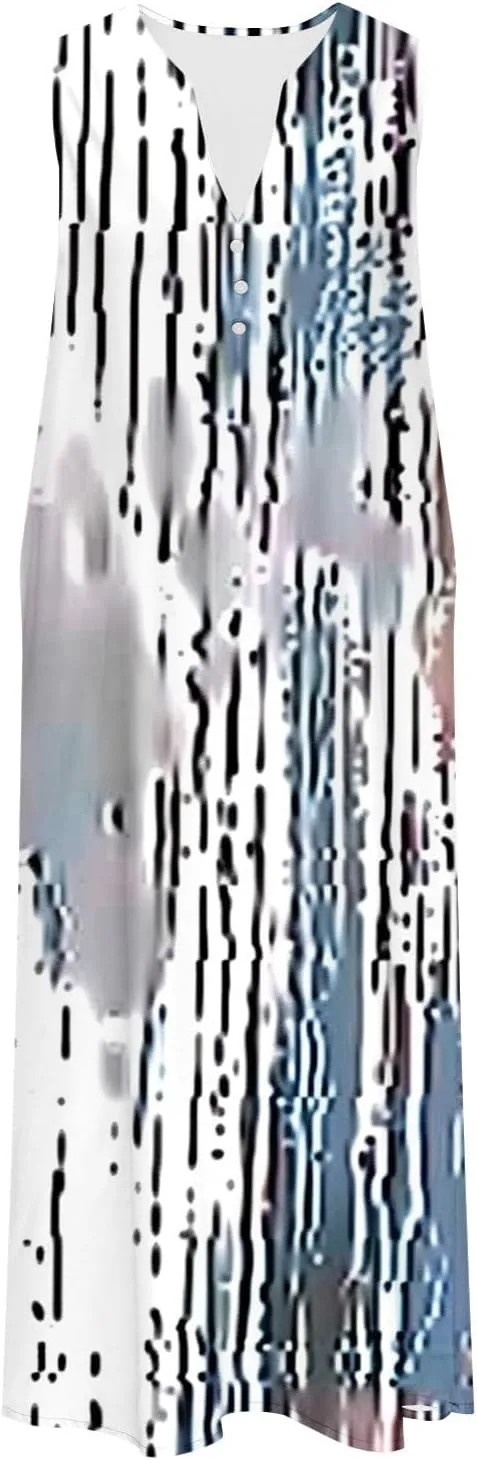Sleeveless Dress for Women Summer Casual Aline Flowy Maxi Long Dress Floral Print Loose V Neck Beach Vacation Outfits