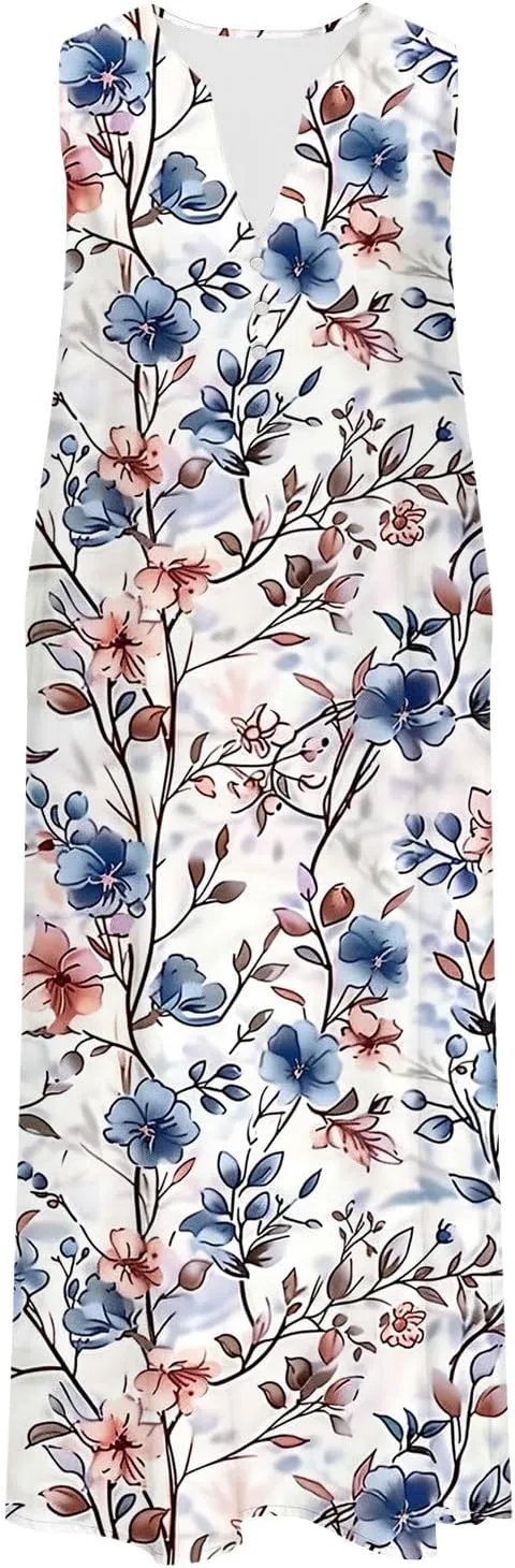 Sleeveless Dress for Women Summer Casual Aline Flowy Maxi Long Dress Floral Print Loose V Neck Beach Vacation Outfits