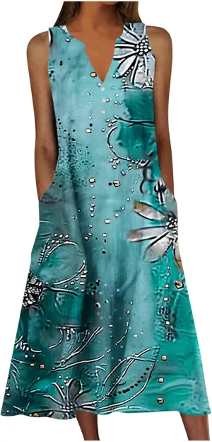 Sleeveless Dress for Women Summer Casual Aline Flowy Maxi Long Dress Floral Print Loose V Neck Beach Vacation Outfits