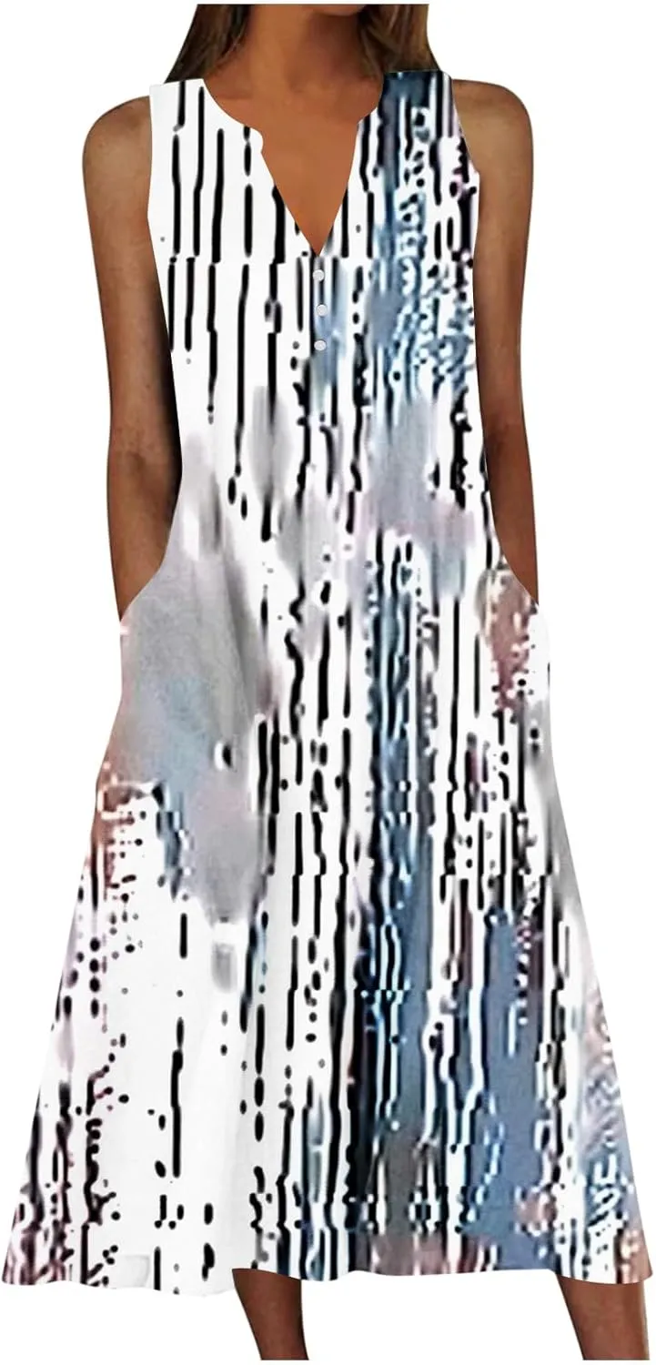 Sleeveless Dress for Women Summer Casual Aline Flowy Maxi Long Dress Floral Print Loose V Neck Beach Vacation Outfits