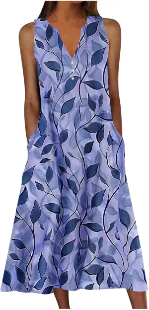 Sleeveless Dress for Women Summer Casual Aline Flowy Maxi Long Dress Floral Print Loose V Neck Beach Vacation Outfits
