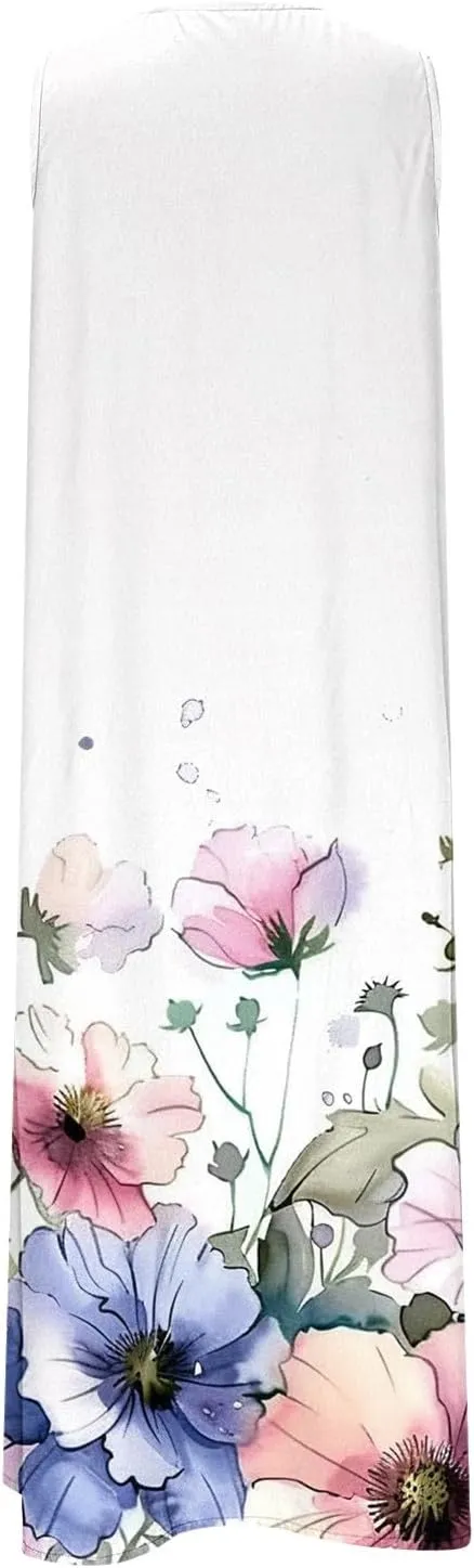 Sleeveless Dress for Women Summer Casual Aline Flowy Maxi Long Dress Floral Print Loose V Neck Beach Vacation Outfits