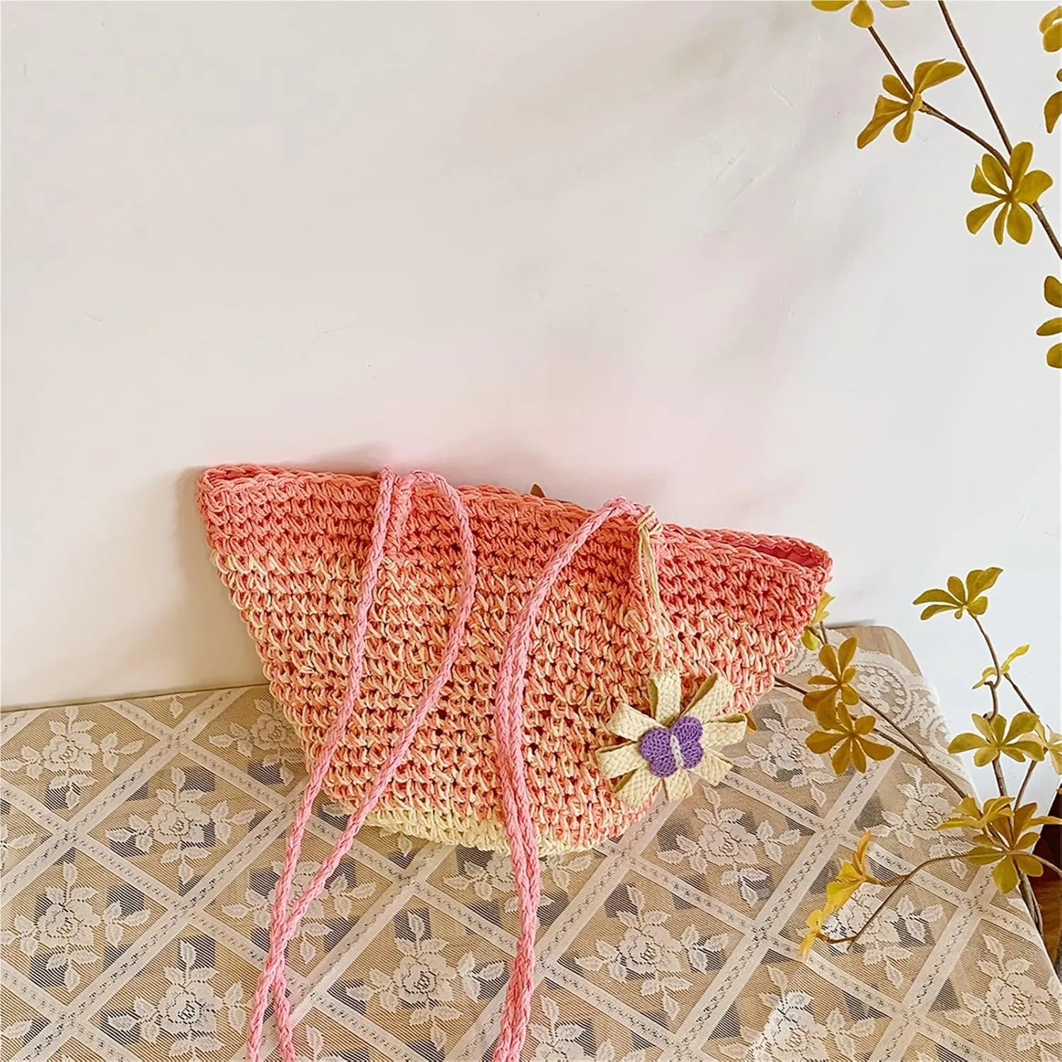 Straw Woven Bucket Bag Beach Summer Crossbody Purse Casual Travel Festival Shoulder Bag