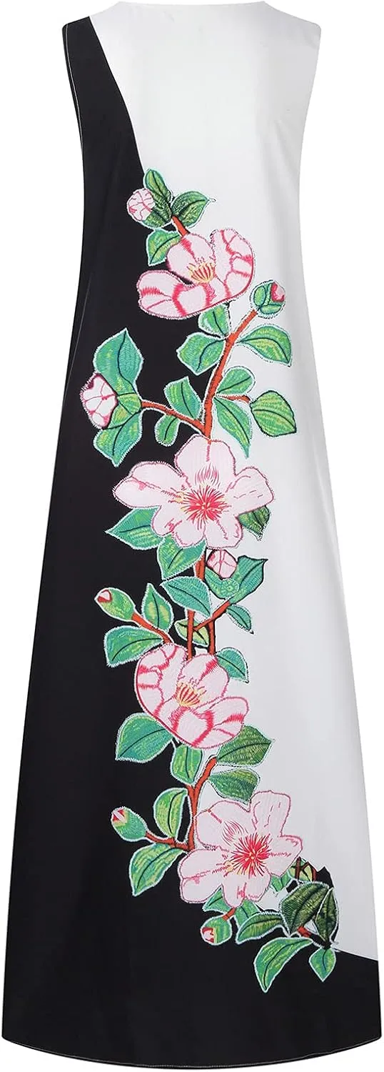 Summer Dresses for Women 2024 Casual Loose Sundress Sleeveless Floral Print Maxi Dresses V Neck Beach Dress